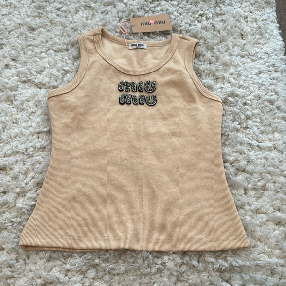 Tops - Beaded Logo Ribbed Tank Beige Medium